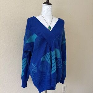 Vintage 80s CR Relin V Neck Abstract Knit Sweater Blue Teal Oversized Slouchy L